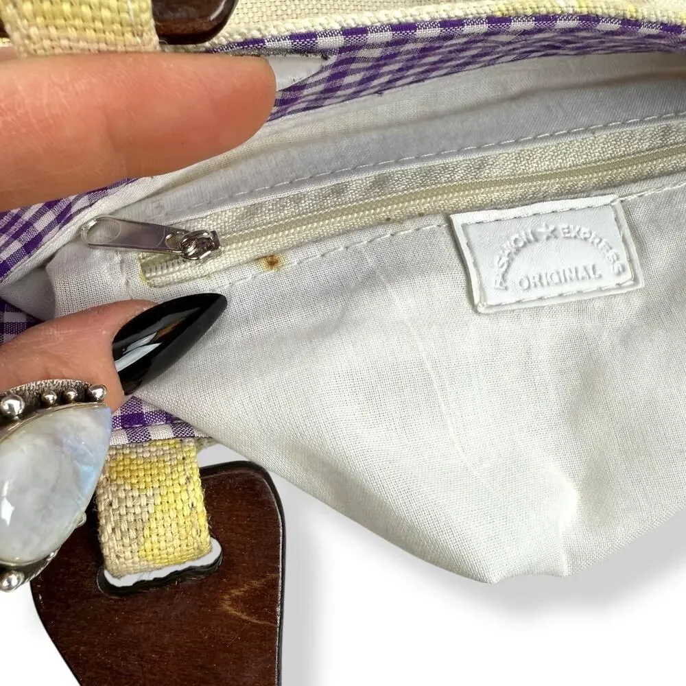 90's woven linen butterfly floral wood handle bag by FASHION EXPRESS ORIGINAL - Picture 11 of 16